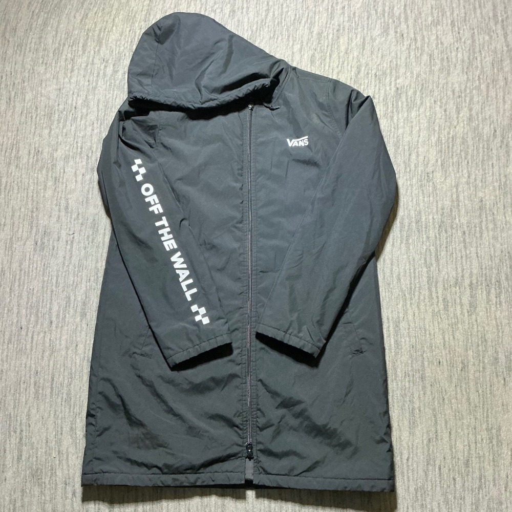 Vans Off The Wall Hooded Windbreaker Jacket Black Checkerboard Logo Longline